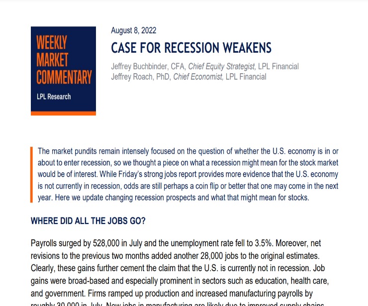 Case for Recession Weakens | Weekly Market Commentary | August 8, 2022